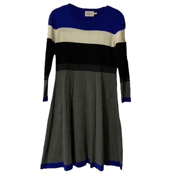 ELIZA J Womens Dress Small Striped Sweater  Fit Flare Color Block Long Sleeves - Picture 2 of 9